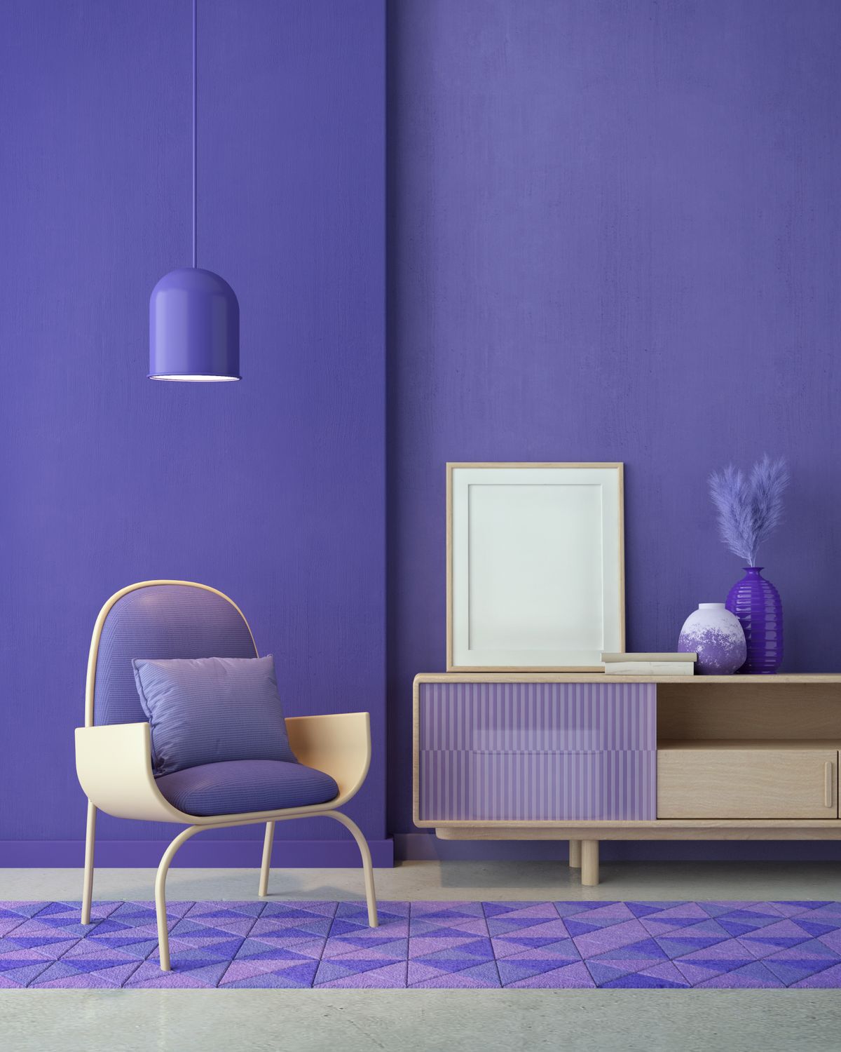 Violet,Room,Very,Peri.chair,tv,Cabinet,,Lamp,And,Blank,Canvas.modern,Design