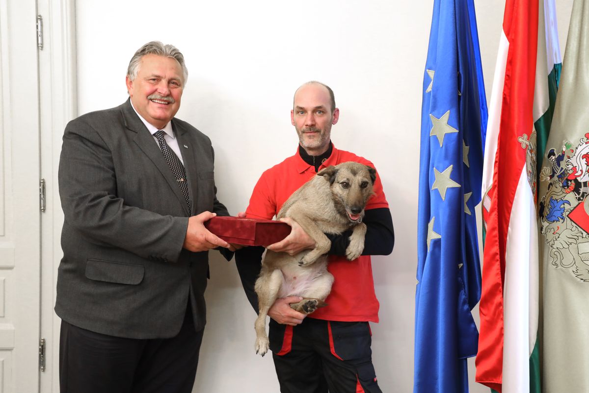 Veres Pál, Miskolc polgármestere és Farkas Péter, a Tiszántúli Mentőkutyás Egyesület elnöke és kutyája, Zsozsó.