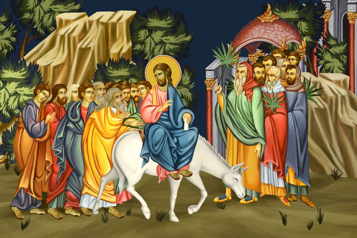 Virágvasárnap – Jézus bevonulása Jeruzsálembe, egykori ábrázolás szerint