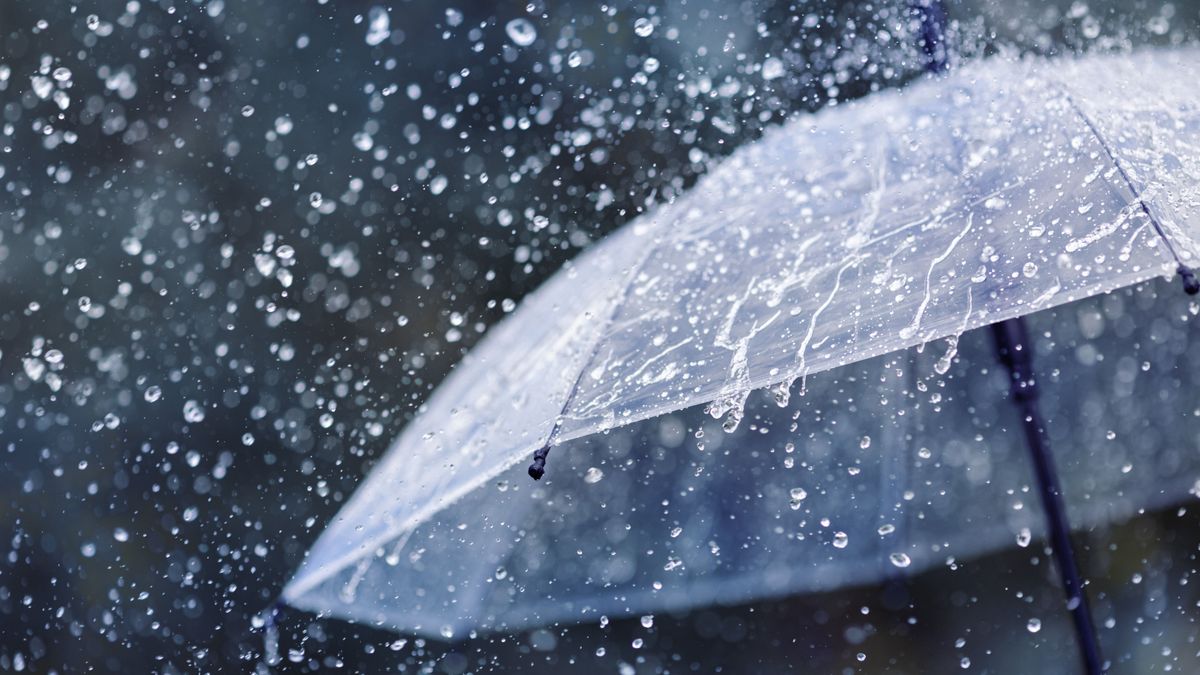 Transparent,Umbrella,Under,Heavy,Rain,Against,Water,Drops,Splash,Background.