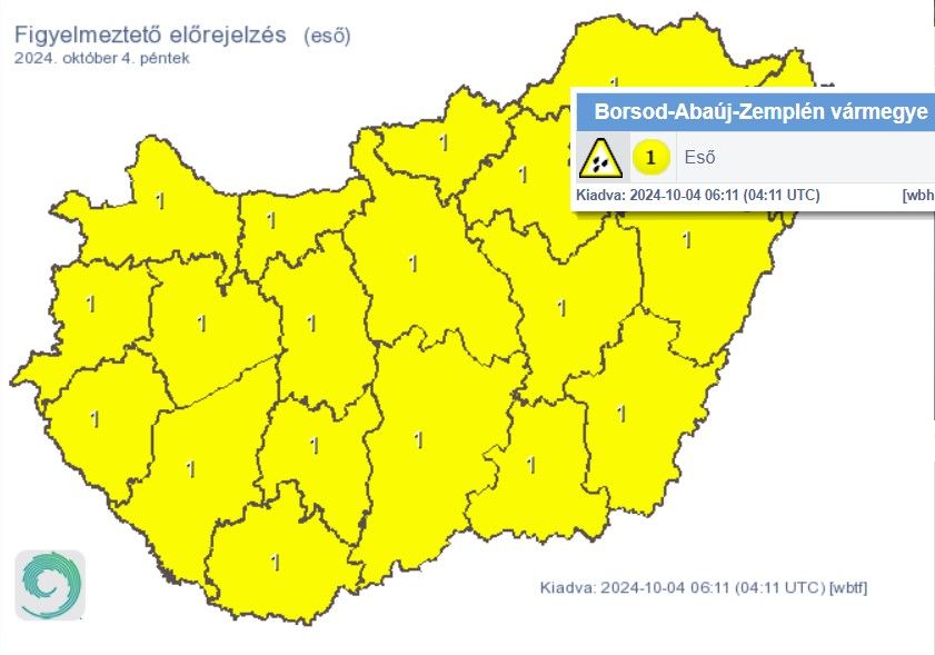 Veszélyjelzés: elsőfokú figyelmeztetés Borsod-Abaúj-Zemplén vármegyében