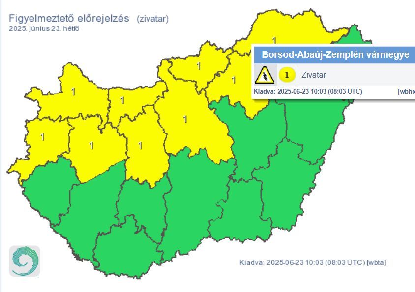 zivatar elsőfokú figyelmeztetés Borsod Hungaromet