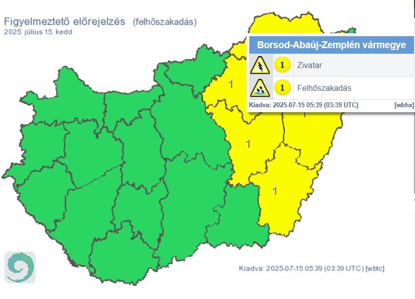 Zivatar felhőszakadás hőség Borsod HungaroMet időjárás-előrejelzés