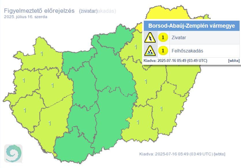 Zivatar és felhőszakadás a hőségben: ez vár ránk Borsodban az időjárás-előrejelzés szerint. Forrás: HungaroMet