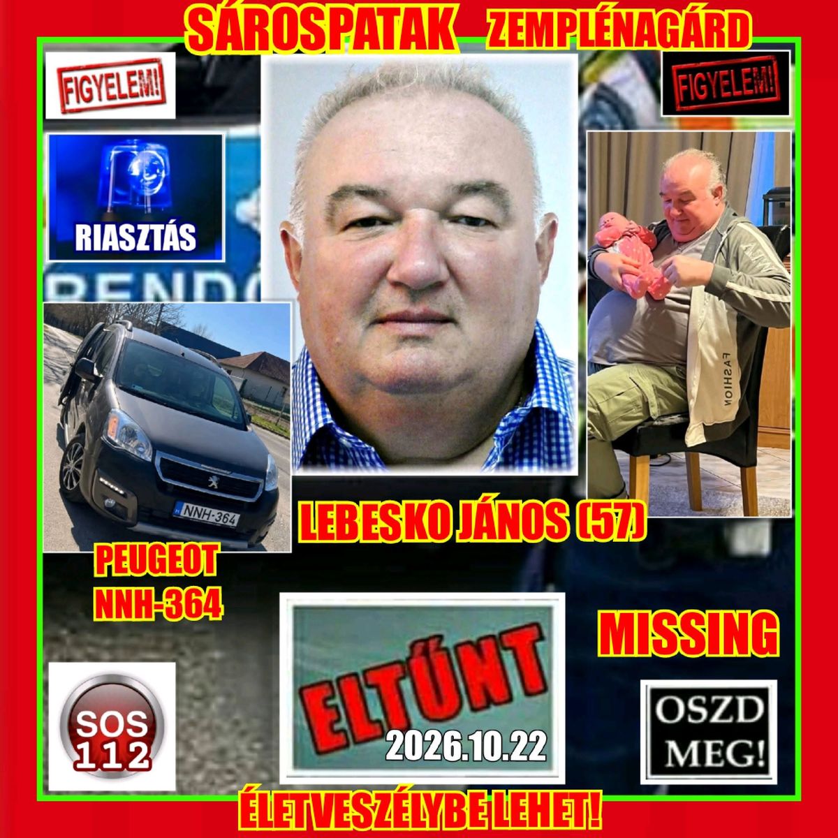 Életveszélyben lehet az eltűnt férfi.